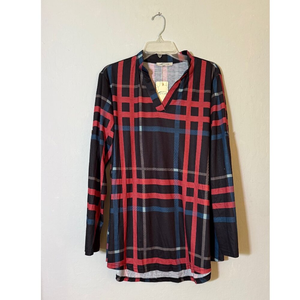 SeSe Code Women's 3/4 Roll Sleeve Plaid Shirt Business Casual Blouse